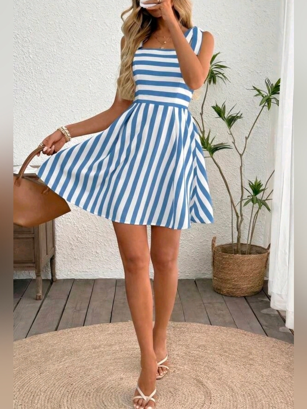 New Flirty Striped Tie Shoulder Short Cami Dress White Blue - Picture 6 of 9